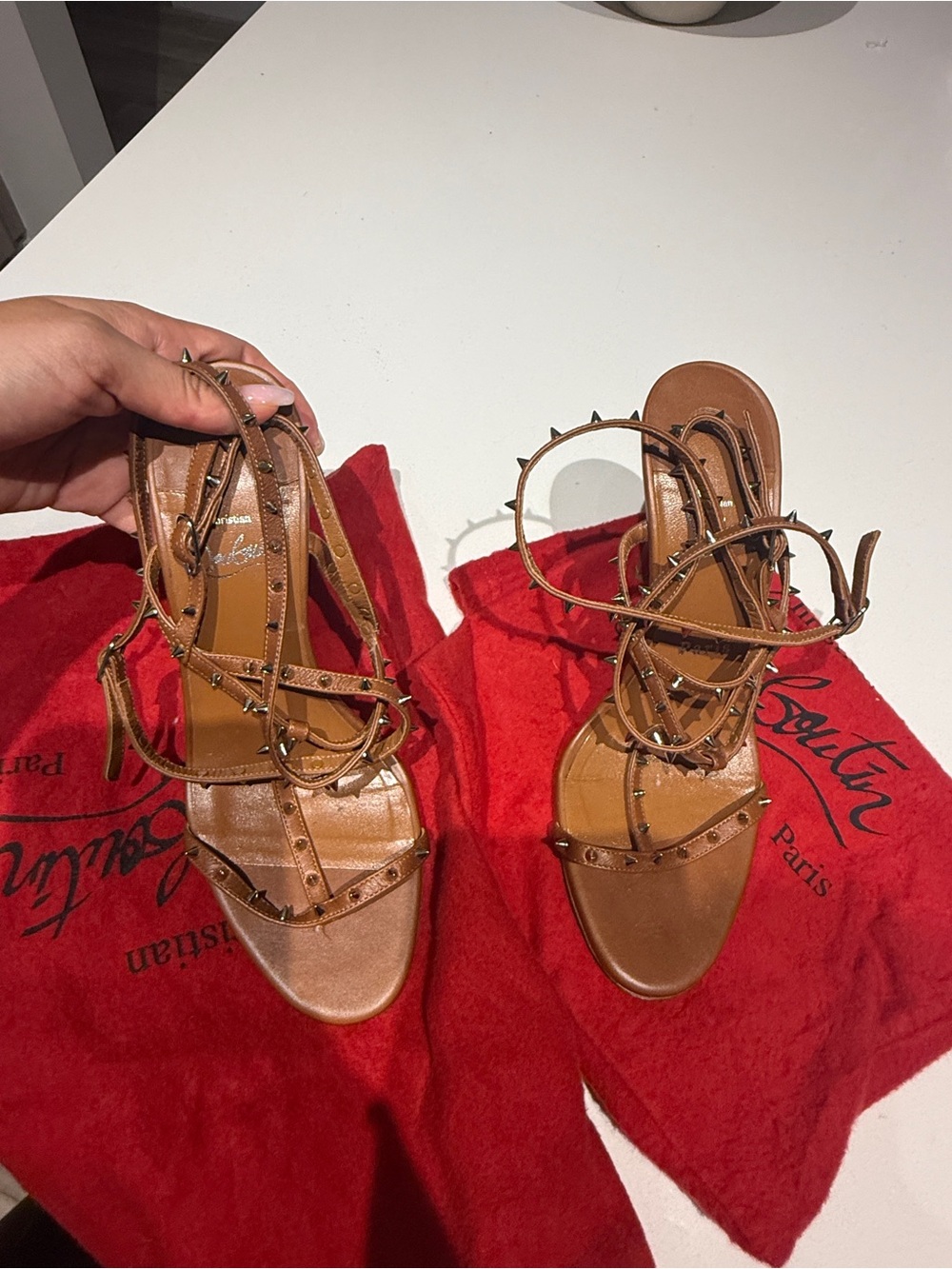 Christian Louboutin Tan Leather Studded Strappy Heels